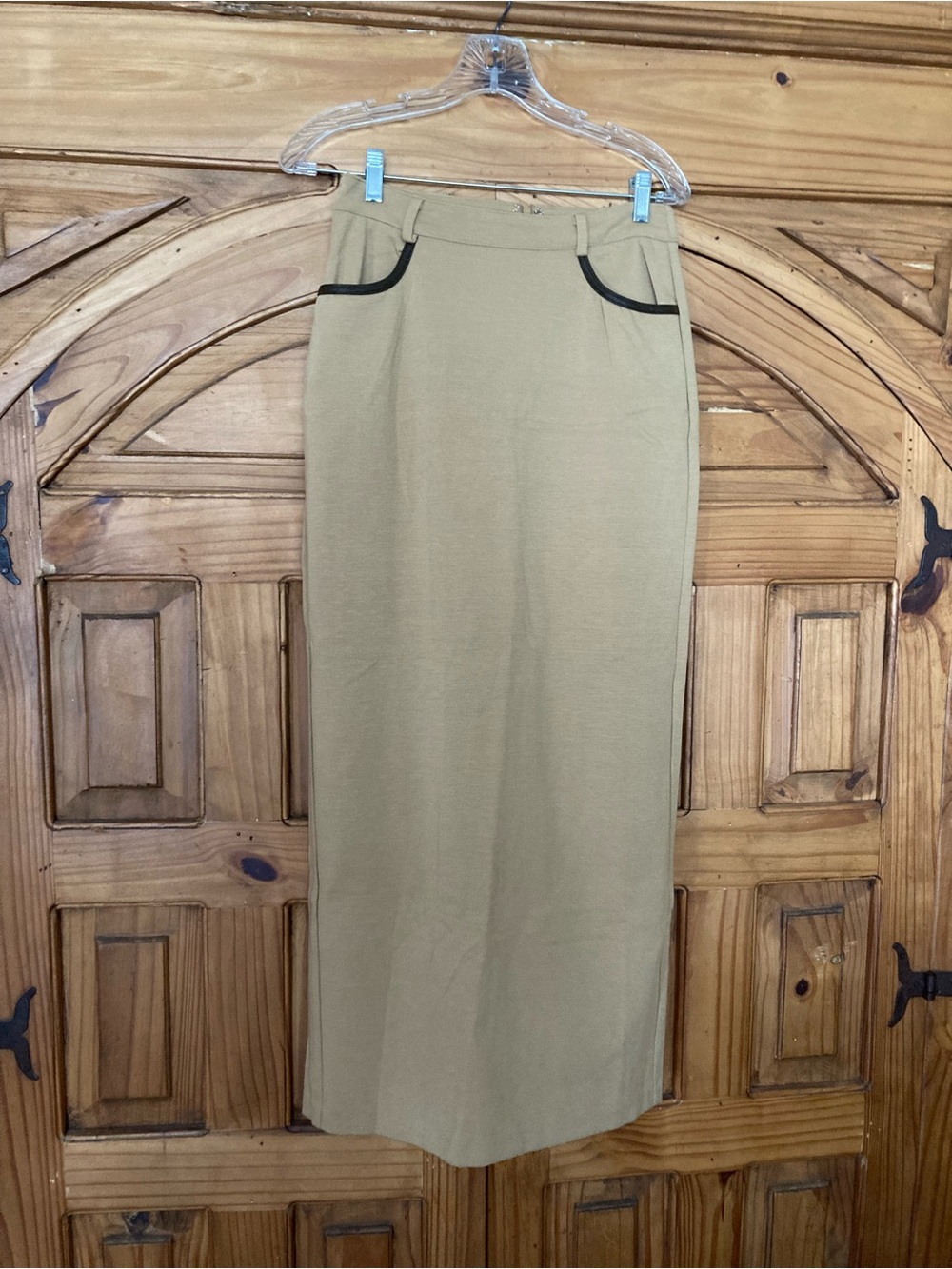 Moda International Classic Tan Long Pencil Skirt with Faux Leather Trim 6